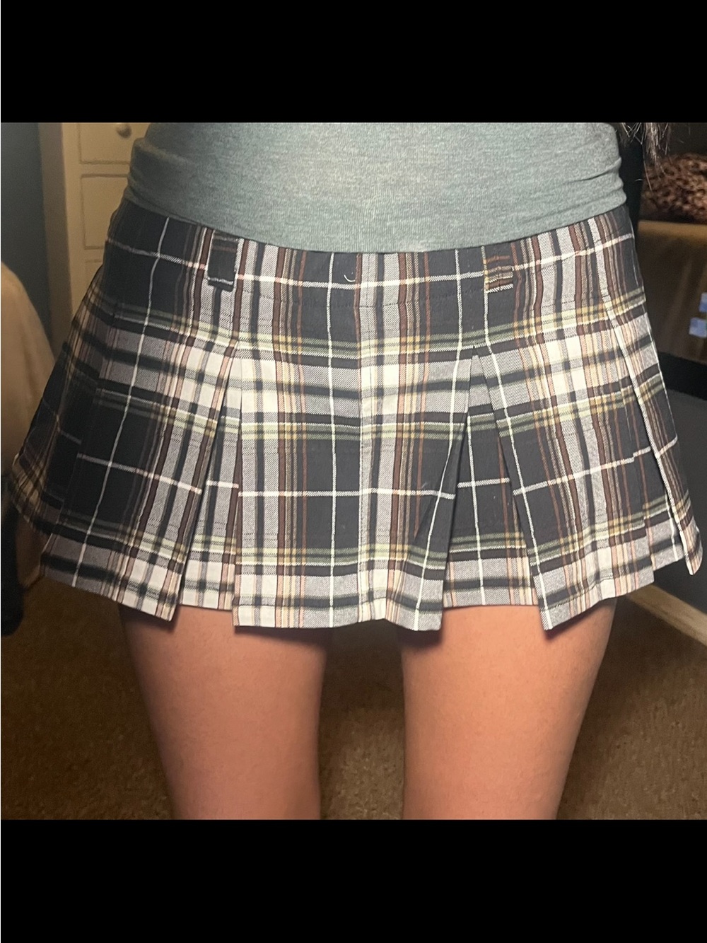 Almost Famous Black and Cream Plaid Pleated Mini Skirt